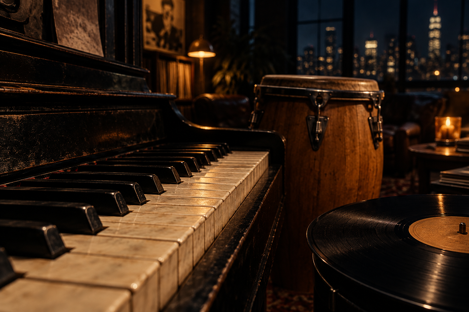 Piano keys, a conga and a vinyl record in a warmly lit recording lounge